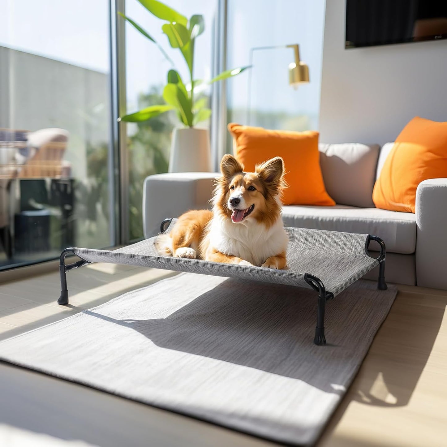 Veehoo Elevated Dog Bed, Cooling Raised Dog Bed with Guardrail & Headrest, Upgraded Non-Slip Silicon Feet, Breathable Teslin Mesh, Portable Pet Cot for Indoor and Outdoor, 35 x 22 Inches, Black Silver