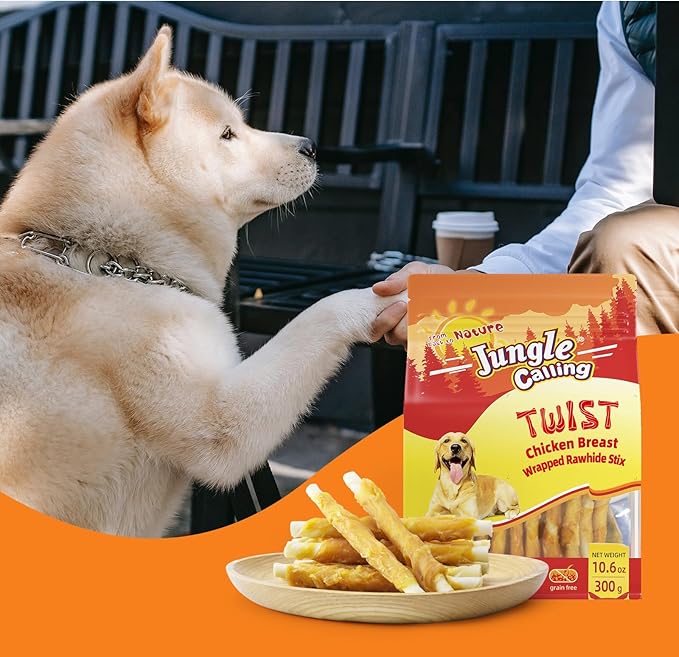 Jungle Calling Dog Treats, Chicken Wrapped Rawhide Sticks for Dogs, Grain-Free Natural Small Dogs Training Treats, Edible Pet Chew Snacks,10.6 oz, About 25 Count