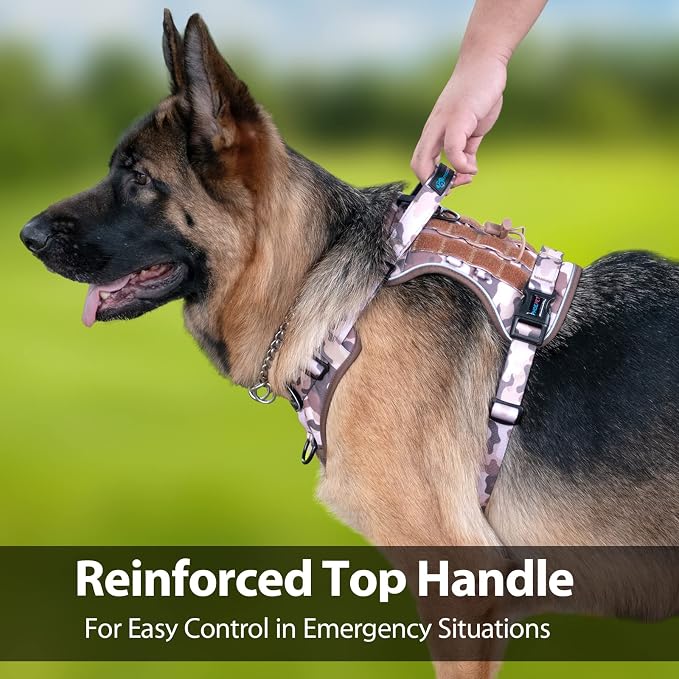 No Pull Tactical Dog Harness,Service Dog Vest Molle & Loop Panels | Woodland Brown M, Metal Front & Back D-ring, Reflective, Easy Control with Padded Handle for Small Medium Large Dogs