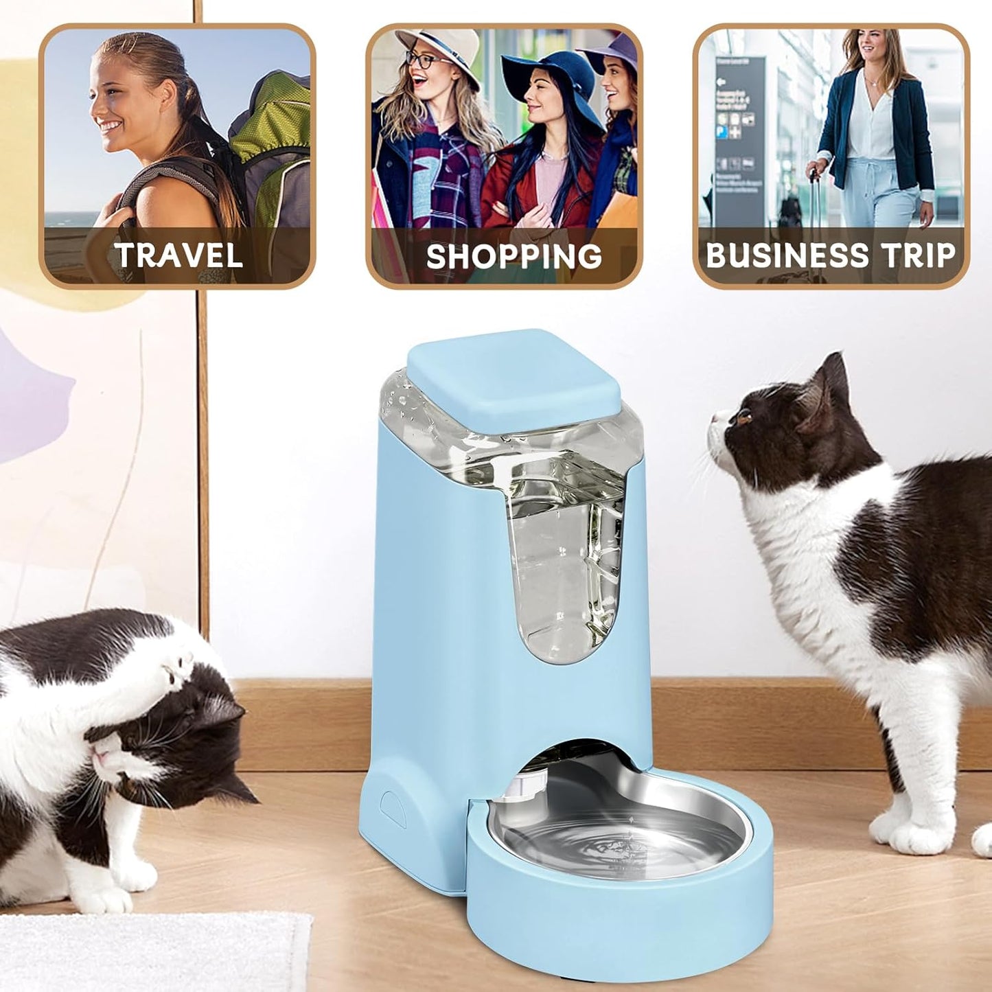 Portable Automatic Cat Feeder and Water Dispenser with Stainless Steel Bowl Dog Gravity Food Feeder and Waterer for Small Medium Pets Puppy Kitten 1 Gallon x 2 (Light Blue(3.8L*2))