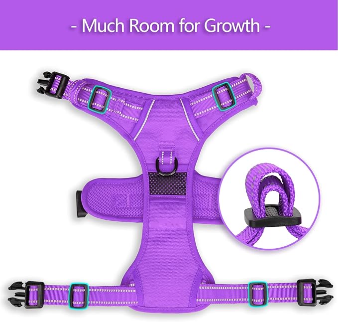 PoyPet No Pull Dog Harness, Reflective Vest with 2 Leash Clips & Handle | Lockable Neck Release Buckle, No Choke, Adjustable, Soft Padded, for Walking Training, Purple Matching Trim, Medium