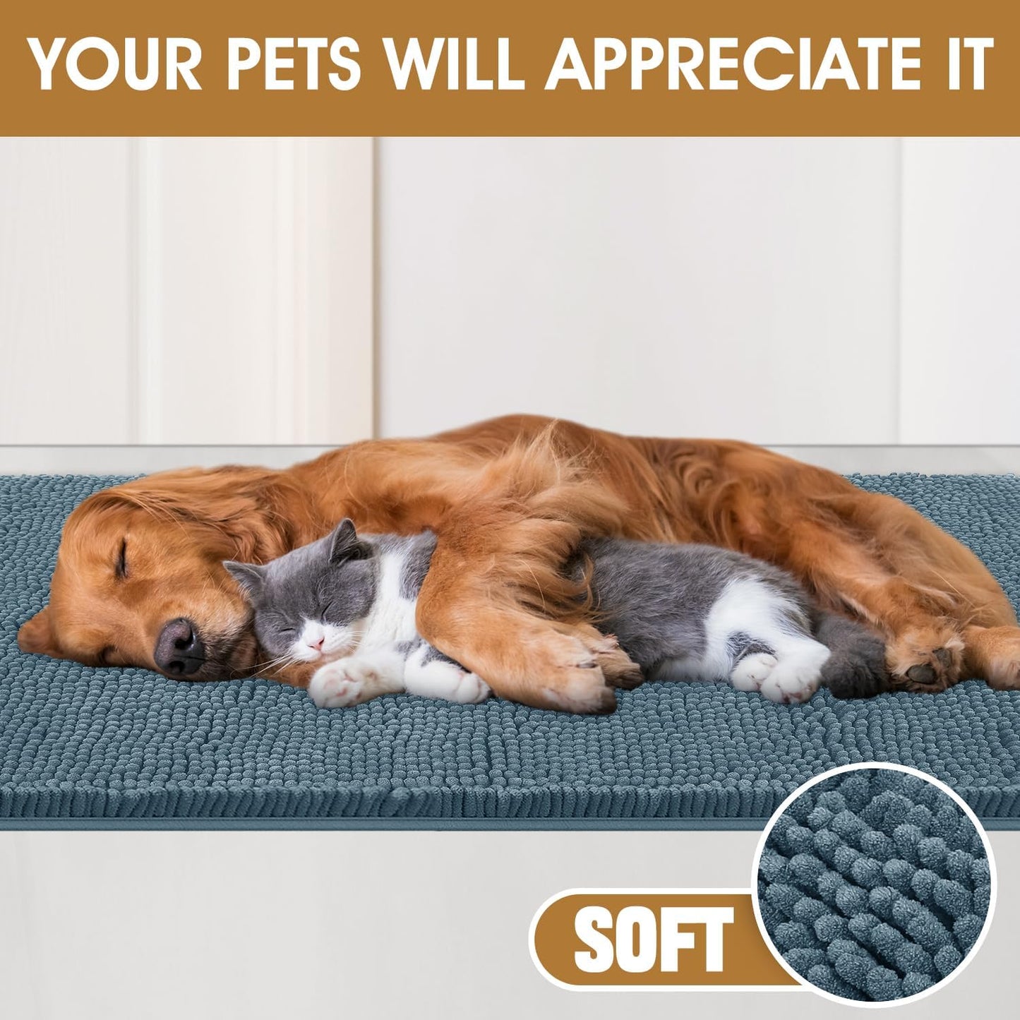 Extra Large Dog Door Mats for Muddy Paws, Chenille Absorbent Dog Mats, Non Slip Heavy Mud Mat for Dogs, Soft Pet Mat for Entryway, Mud Paws, Inside Floor,60" x 36", Dusty Blue