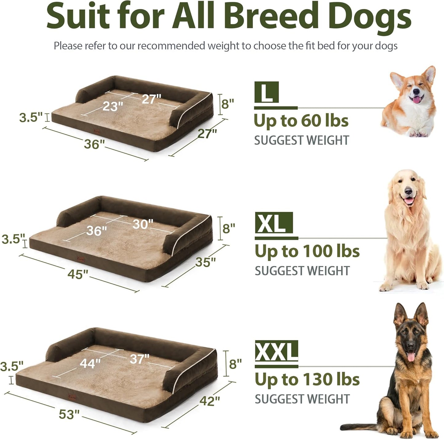 XXL Dog Bed with Bolsters, Waterproof Orthopedic Dogs Beds for Extra Large Dogs, Memory Foam XLarge Dog Beds with Removable Washable Cover, Nonskid Bottom (XX-Large,Brown)
