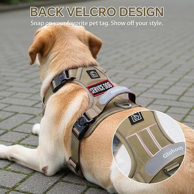 Heavy Duty Tactical Dog Harness for Medium Dogs, No Pull Dog Harness with Handle & Front Clip, Reflective Soft Padded, Hook and Loop Panel, Dog Vest for Walking, Service Training, Khaki