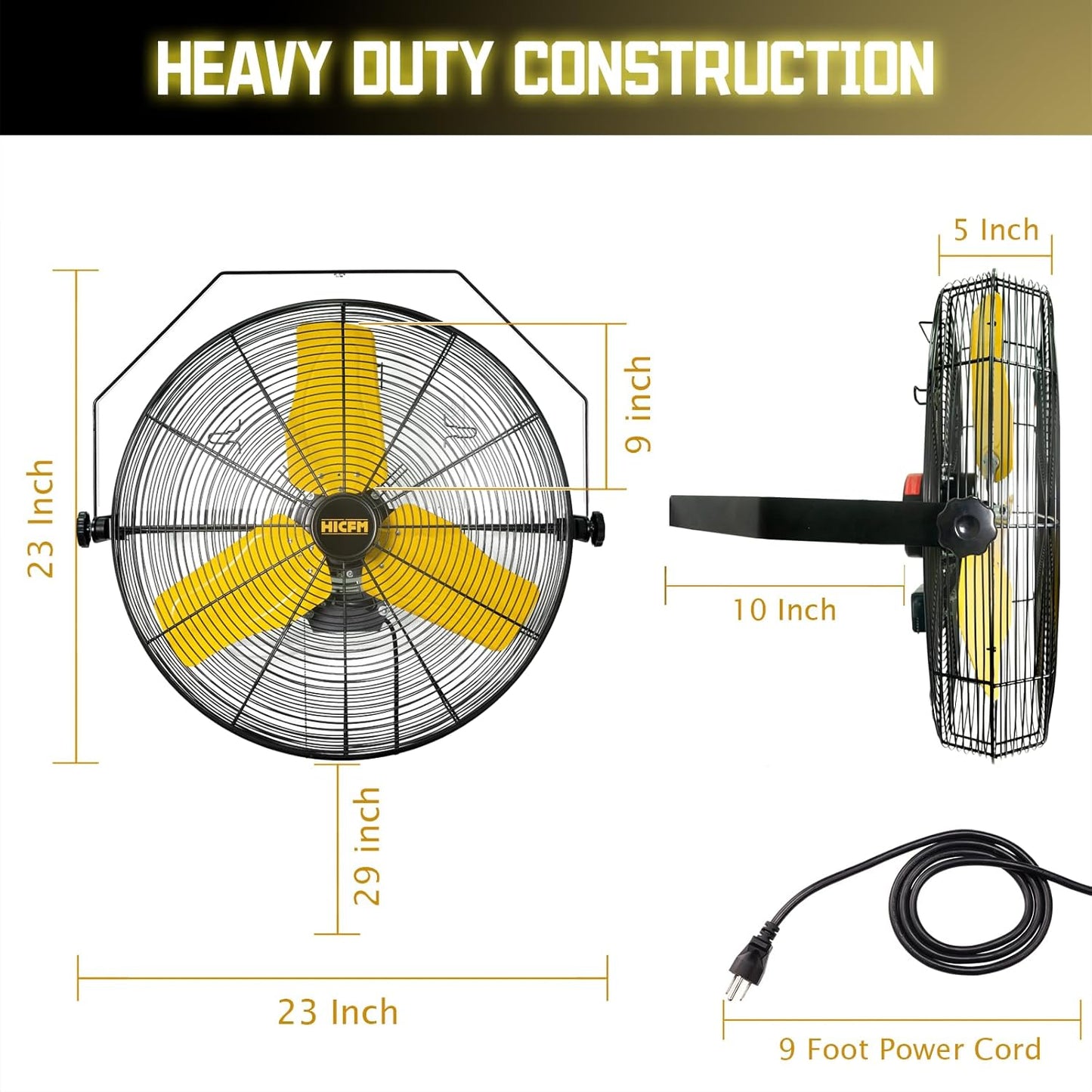 HiCFM 9100 CFM 24 inch Heavy Duty Industrial Wall Mounted Fan with TEAO Enclosure Motor, Permanent Lubricated Ball Bearing, 9 FT Cord, 180Degree Tilting, Safety Yellow Blade Wall Fan - UL Listed