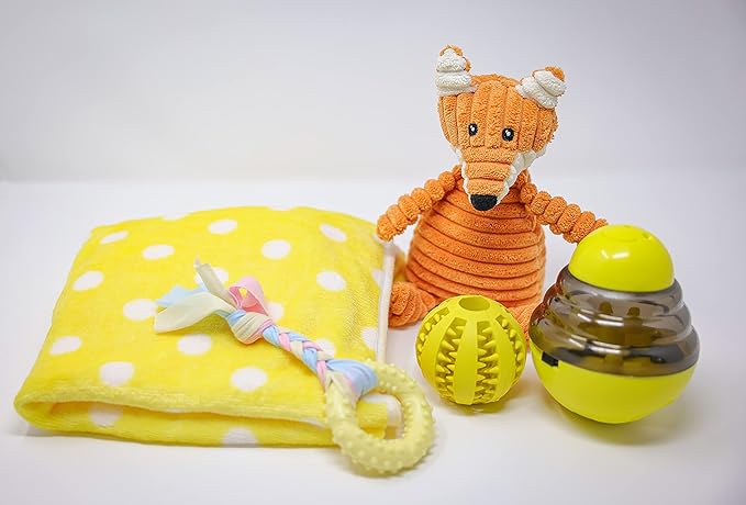 SoSoCute Yellow Dog Gift Box - Puppy Chew Toy Set of 5 - Care Package with Dog Blanket, Squeaky Plush, Rubber Puppy Teether, Teething Ball, and Treat Ball for Small and Medium Dogs