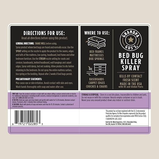 Grandpa Gus's Natural Bed Bug and Dust Mite Killer Spray, Plant-Based Home Treatment for Mattress and Bedding, Kills Eggs and Pyrethroid-Resistant Strains, 16 fl oz