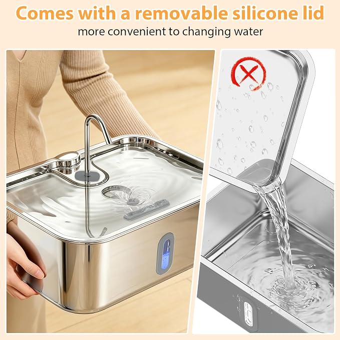 Dog Water Fountion for Large Dogs,15L/4 Gal Stainless Steel Automatic Pet Water Dispenser,Ultra Quiet Dog Fountain Water Bowl with Water Level Window & LED Light, Include 6Set Filter