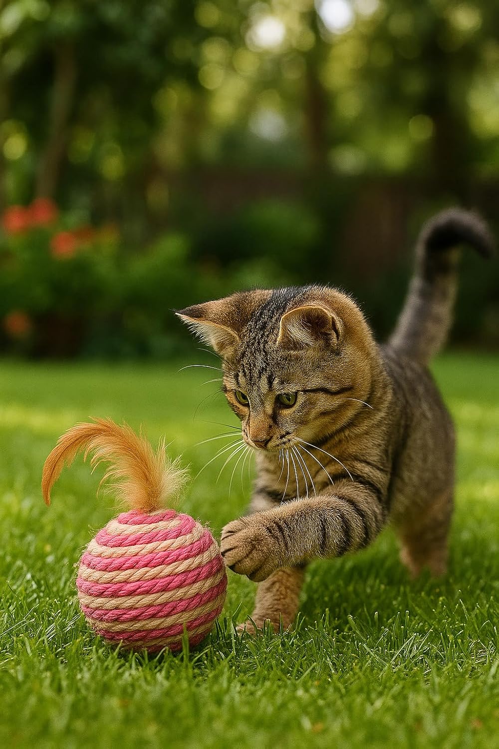 Ball for cat with Feathers - Balls for Cats β Natural Toy for Indoor Cats β Eco-Friendly, Durable, Interactive Play Balls for Kittens β Pet-Safe Chew & Scratch Toys (Red)