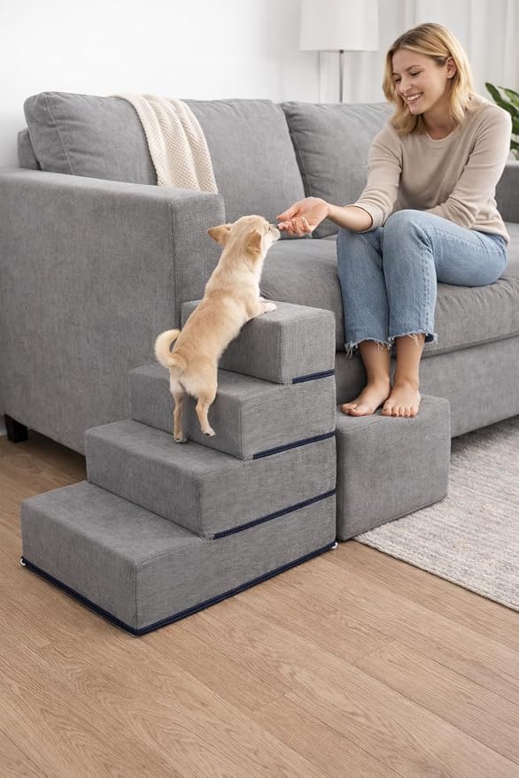 Elevon Dog Stairs for Bed 23.5" H, 4-Step Dog Steps for High Bed and Couch, Pet Steps for Small Dogs and Cats, Non-Slip Balanced Pet Ramp Indoor, Grey