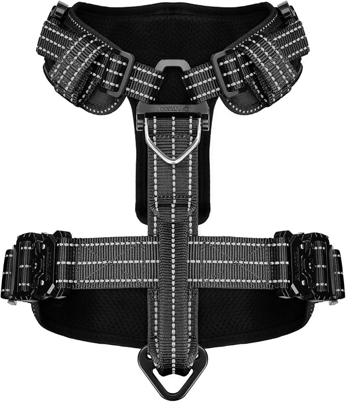 ICEFANG Dog Halter Harness with Metal Buckles,Dog Strap Vest X-Large Dogs | Control Handle,Summer-Cooling,Reflective,Front Hook,Adjustable,Soft Padded,No Pull,Black,XLarge