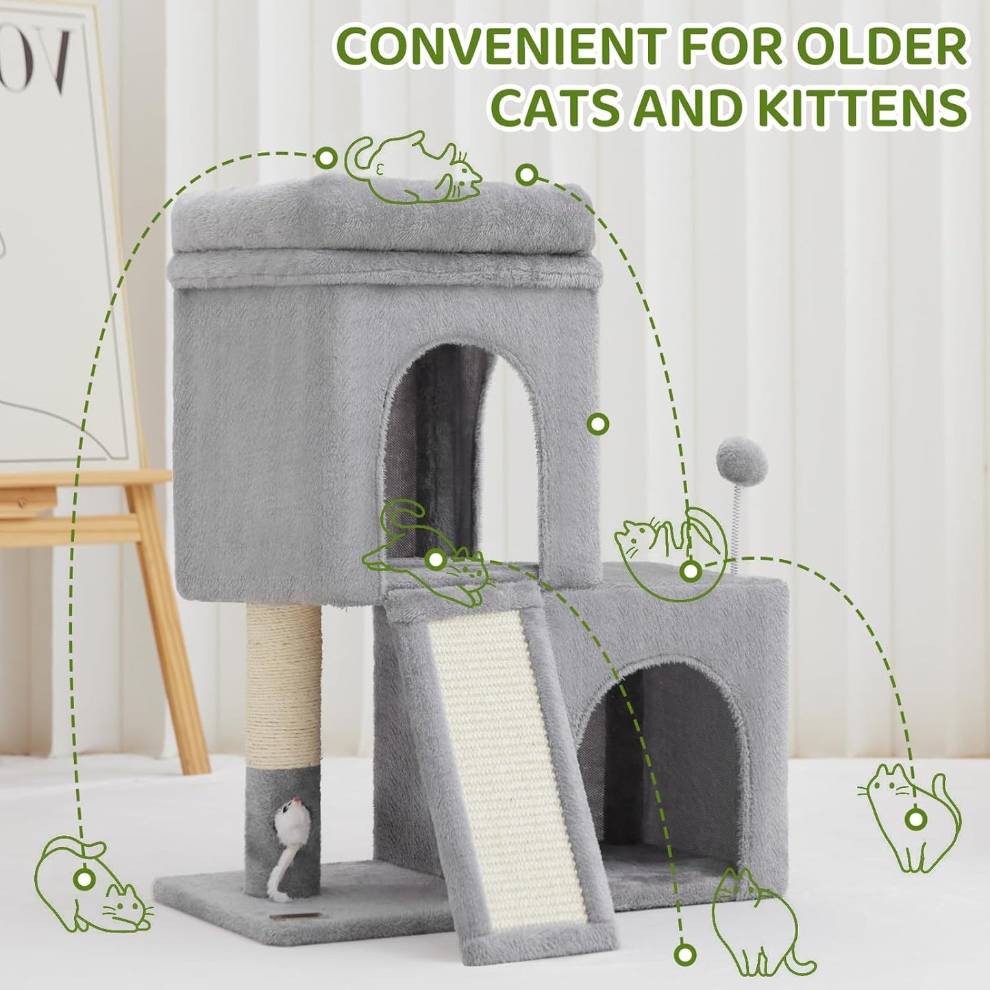 24inch Tall cat Tree with 2 cat condo and Mouse Toy Cozy Small cat Tower with Scratching Post and Board for Kitties and Small Cats.(Light Grey)