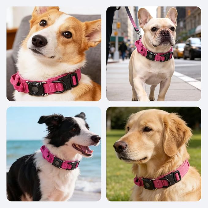 AirTag Dog Collar for Large Dogs Tactical Dog Collar with AirTag Holder | Upgrade Waterproof,Control Handle,Quick-Release Metal Buckle,1000D Nylon Fabric,Soft-Padded Webbing,Velcro Patch(Rose Red,L)