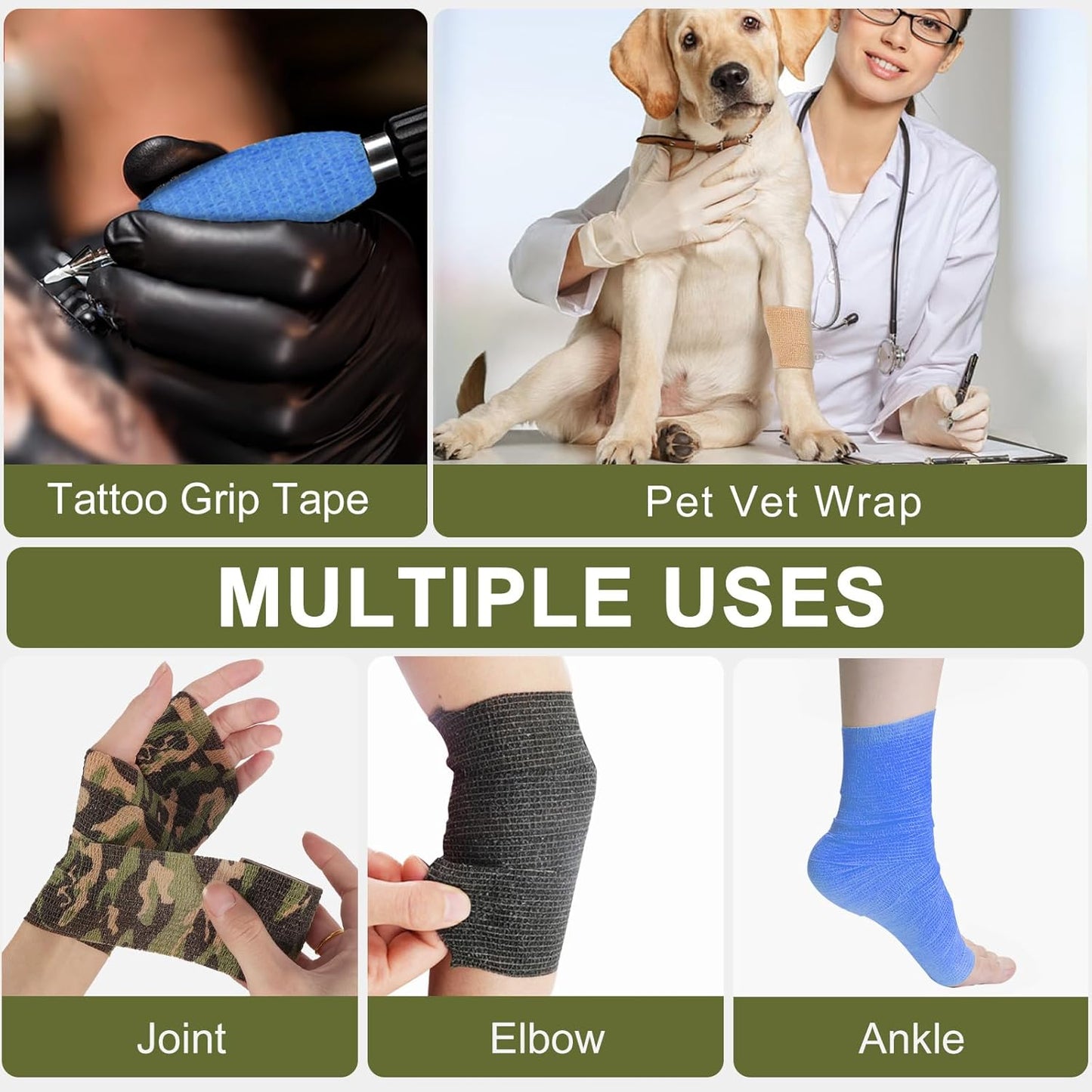 24 Pack Camo Self Adhesive Wrap, 2” x 5 Yards Vet Wrap Cohesive Camo Grip Tape Medical Wrap Self Adherent for Ankle, Wrist Sprains, Pet First Aid