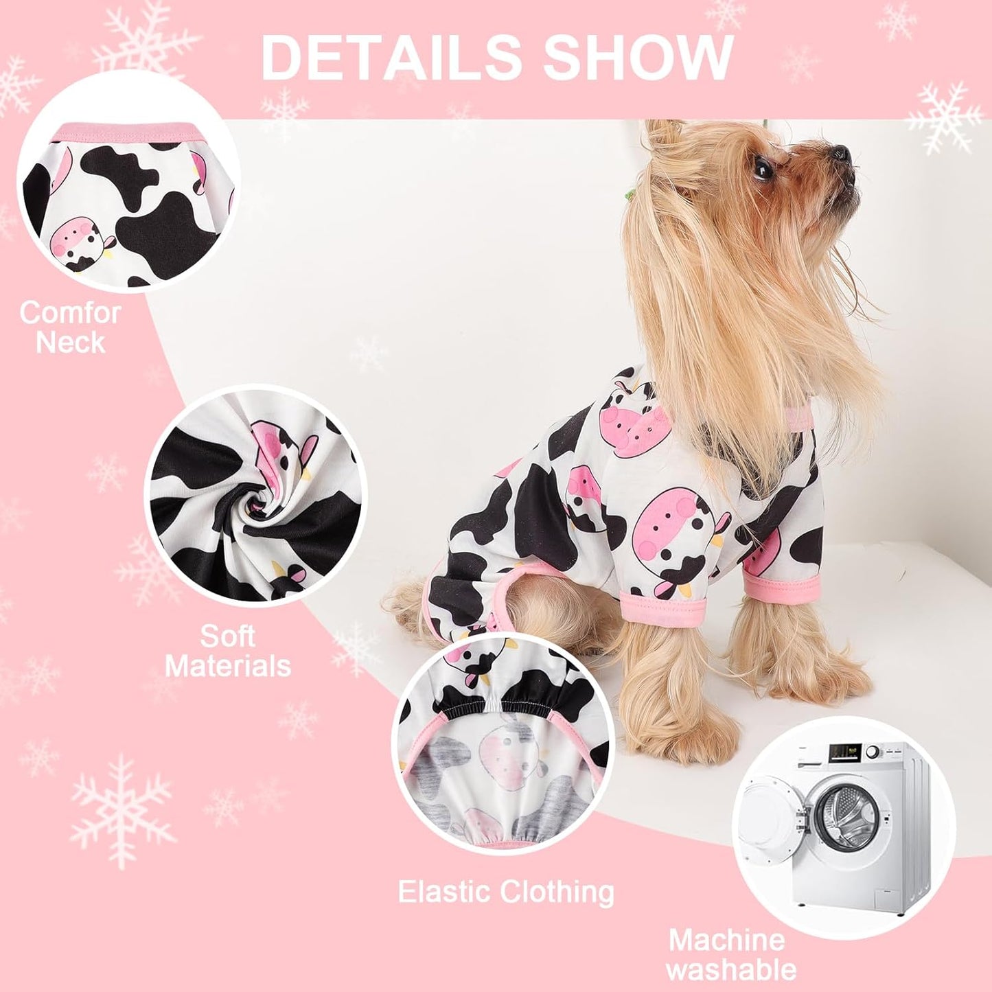 Dog Pajamas Small Sized Dogs Stretchable Summer Dog Clothes Pjs 4 Legs Girl Boy Cute Soft Puppy Outfits Doggie Cat Jammies Jumpsuit Sleeper for Pet, Pink Cow, M