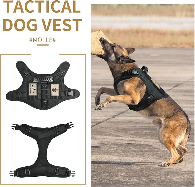 Tactical Dog Vest Harness, Outdoor Training Service Dog Vest Adjustable Military Working Dog Vest with Molle System and Rubber Handle (XL=26.8"-30.7" Chest (Adjustable), Black)