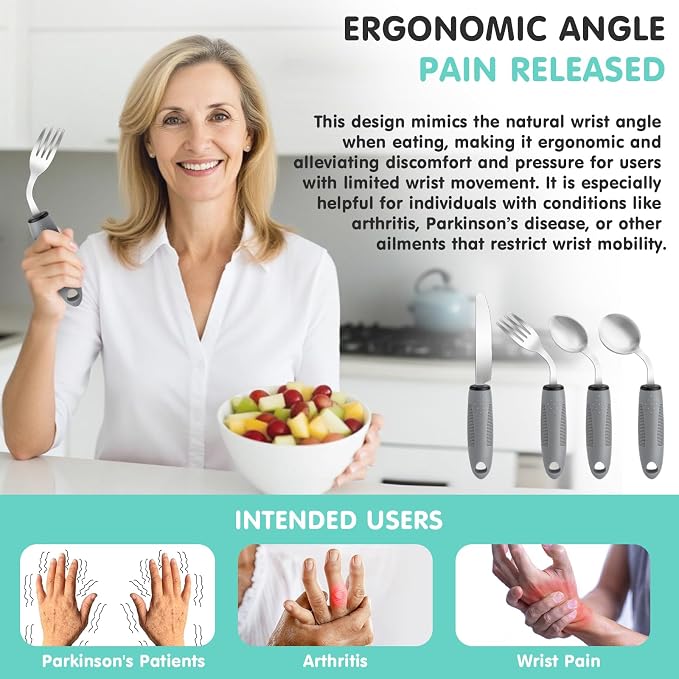 AuntyFey Weighted Adaptive Utensils, 4Pcs Weighted Utensils for Hand Tremors, 45°Angled Parkinsons Utensils for Elderly, 3.5oz Weighted Built Up Utensils for Adults, Disabled, Parkinson, Right-Handed