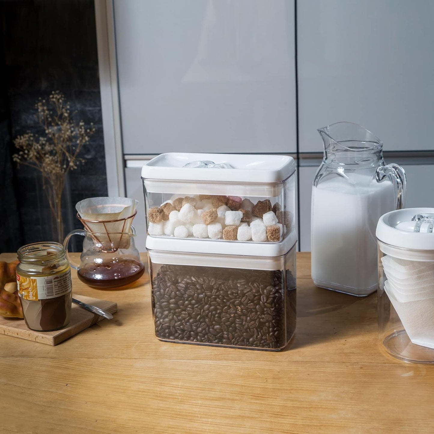 Felli Flip Tite Food Storage Container with Lid 4” RECTANGLE Airtight Ring Flip Lock Top, Stackable Acrylic Canister Set for Kitchen Fridge Pantry Organizer, Veggie Fruit Tea Bag Snack (1.1 qt)