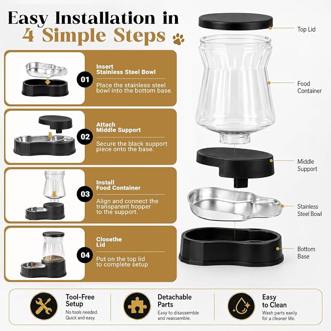 Automatic Dog Feeder Dispenser 3 Gallon/11L Gravity Stainless Steel Dog Food Feeder, BPA-Free Large Capacity Food Feeding Bowls for Medium & Large-Sized Dogs,Cats