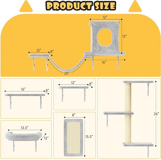 6-in-1 Cat Wall Shelves, Wall Mounted Cat Climber with Condo House, Scratching Post, Bridge Ladder, Space-Saving Indoor Play Furniture for Kittens, Grey