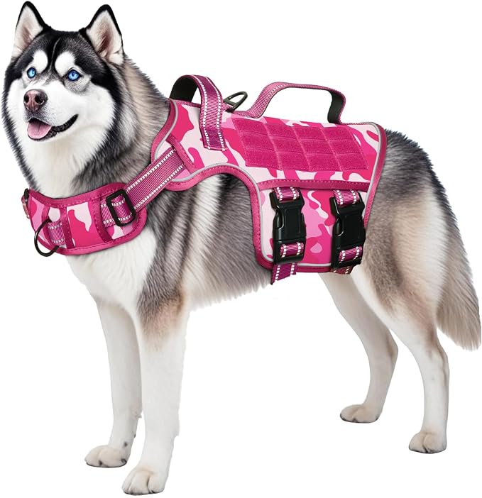 Dog Harness for Large Dogs, No Pull Tactical Vest with Front Clips | Easy Contrl Handle, Breathable Soft Padded, Adjustable, Reflective, Heavy Duty, Easy Take On & Off, Pink Camo X-Large