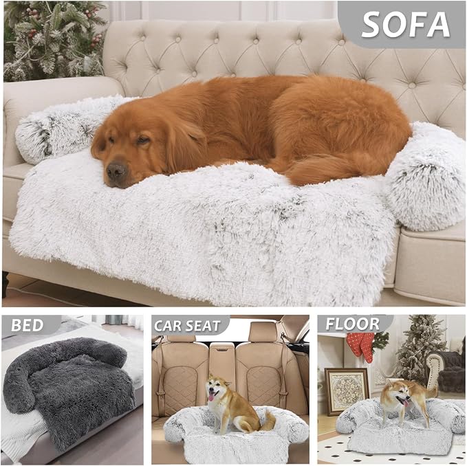 Calming Dogs/Cats Bed Mats, Dog Pad Washable Removable Couch Cover, Plush Long Fur Mat for Pets, Waterproof Lining, Perfect for Small, Medium and Large Dogs and Cats (Gradient Gray, 45"x37")