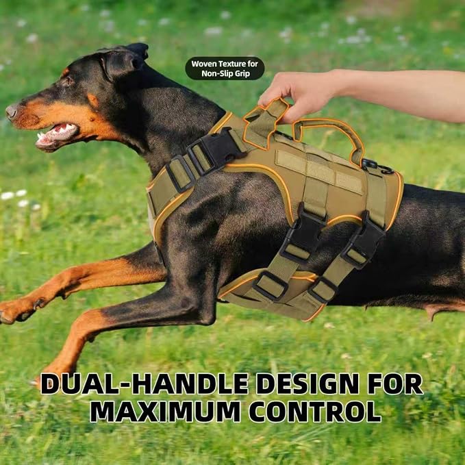 Reflective Tactical Dog Harness with AirTag Holder&3 Pet Patches, Khaki L | Heavy Duty No Pull Dog Harness, Adjustable Dog Harness, Two Handles, Breathable Mesh Padding, Resists Dirt and Stay Clean