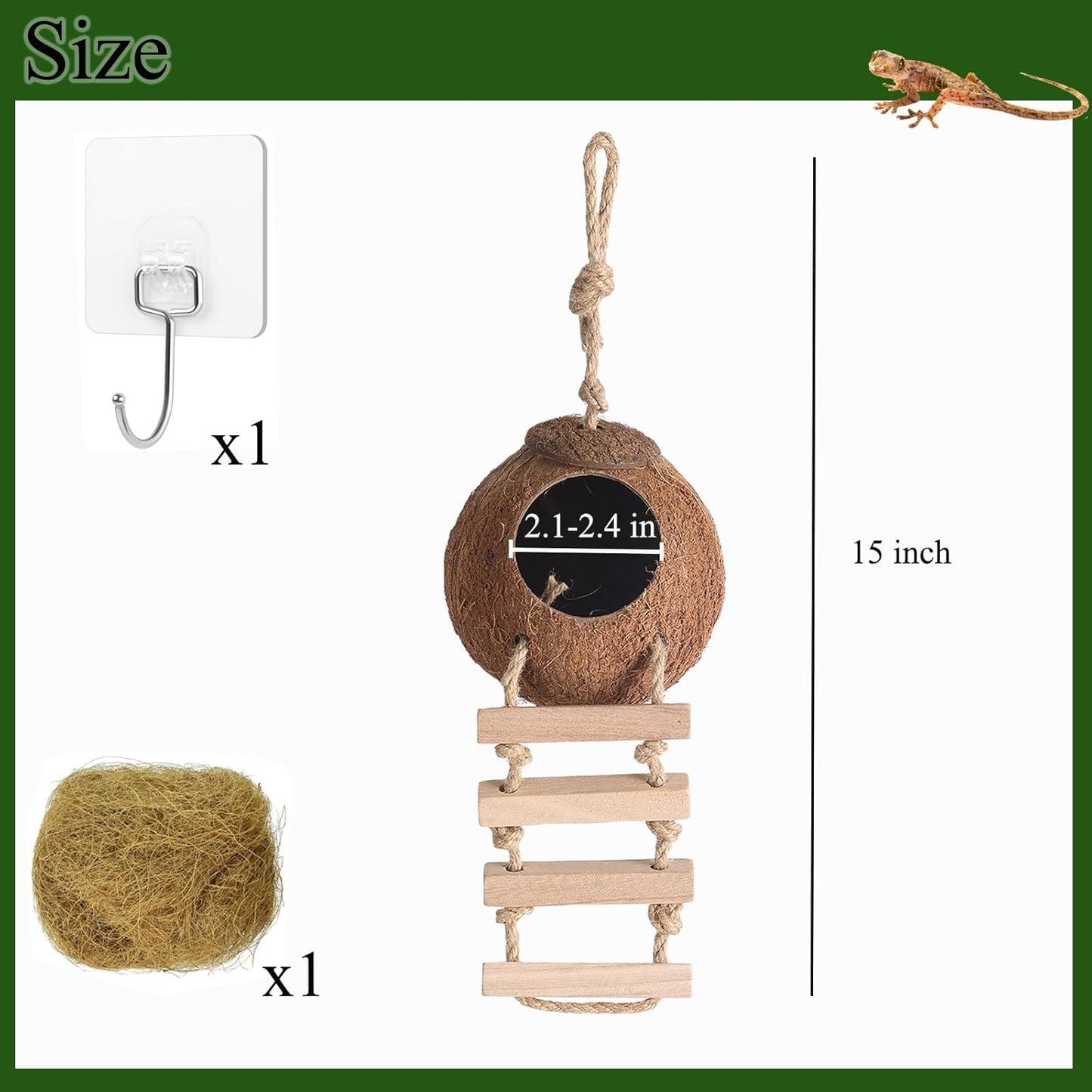 HERCOCCI Gecko Tank Accessories, Hermit Crab Toys Coconut Shell Natural Coconut Husk Hut with Climbing Ladder with Suction Cup for Leopard Gecko Snake Reptiles