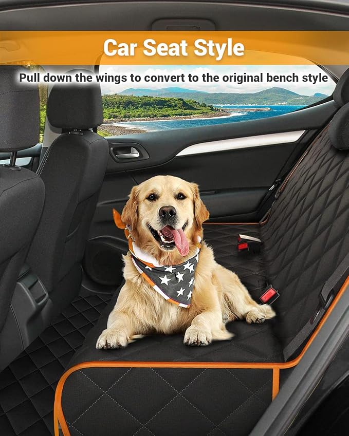 Dog Car Seat Cover, 600D Heavy Dute Car Seat Cover for Dogs Pets, 100% Waterproof Anti-Scratch Nonslip Dog Hammock for Cars, Seat Covers Protector with SeatBelt for Sedan SUV Truck Standard Oran&Black
