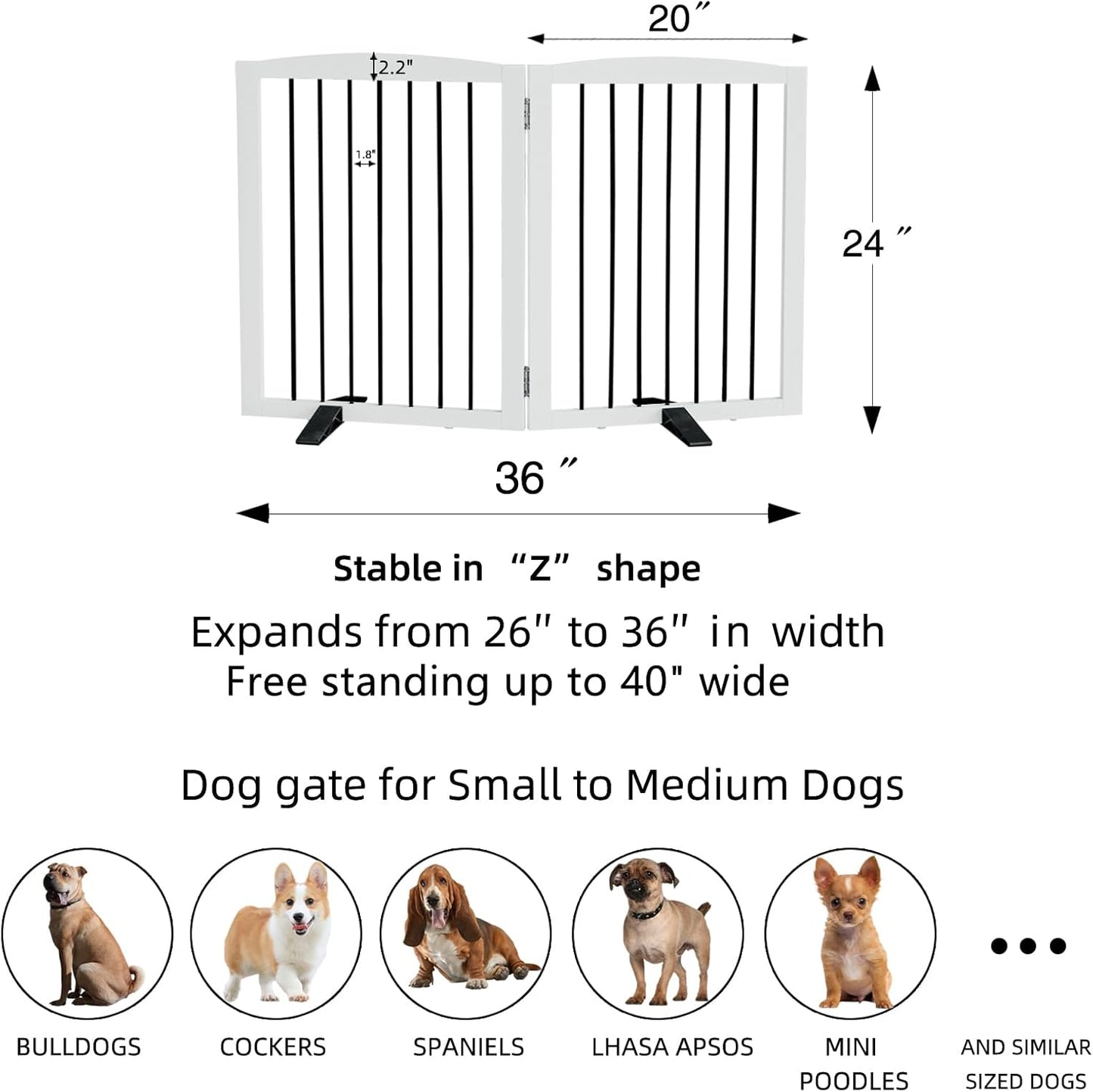 Freestanding Panel Gate for Indoor Doorways, Stairs, or Hallways, Foldable Wooden Gate for Dogs, Support Feet Included, 24" Height - 2 Panels, White