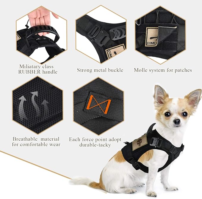Tactical Service Dog Vest Harness K9 Military Molle Dog Vest for Outdoor Training Wear-Resisting Pet Dog Harness with Rubber Handle & Metal Buckle (Small,Black)