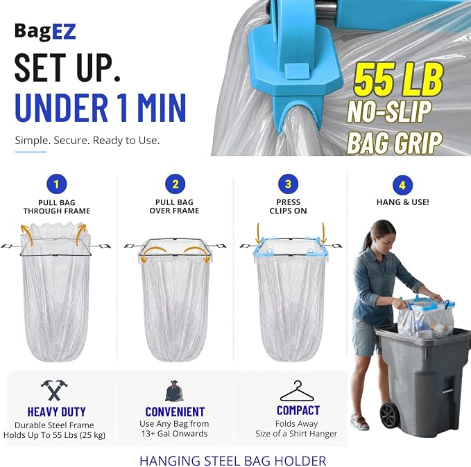Portable Trash Bag Holder Stand For 20-33+ Gallon Liners. 16x17in Hanging Stand for Waste or Storage & Organization. Garbage can For Home Recycling Camping Picnic Party Boat Car RV or Leaf Collector