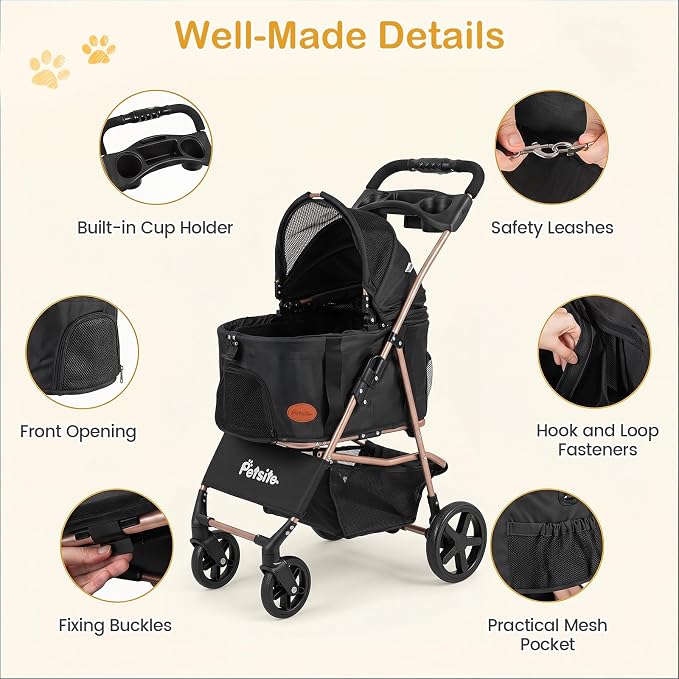 PETSITE 3-in-1 Pet Stroller for Small Medium Dogs, One-Click Foldable Dog Stroller with Detachable Carrier, Cup Holder & Storage Basket, Safety Leash, One-Step Rear Brake, Breathable Window (Black)