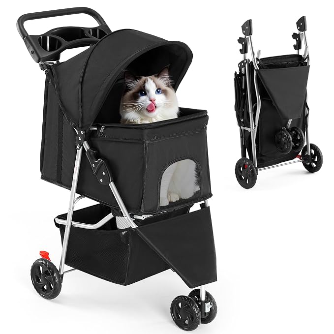 3 Wheel Pet Stroller for Dogs, Cats Stroller with Storage Basket and Cup Holders, Foldable, Lightweight and Durable, Ideal for Small to Medium Pets, Home Cleaning, Black