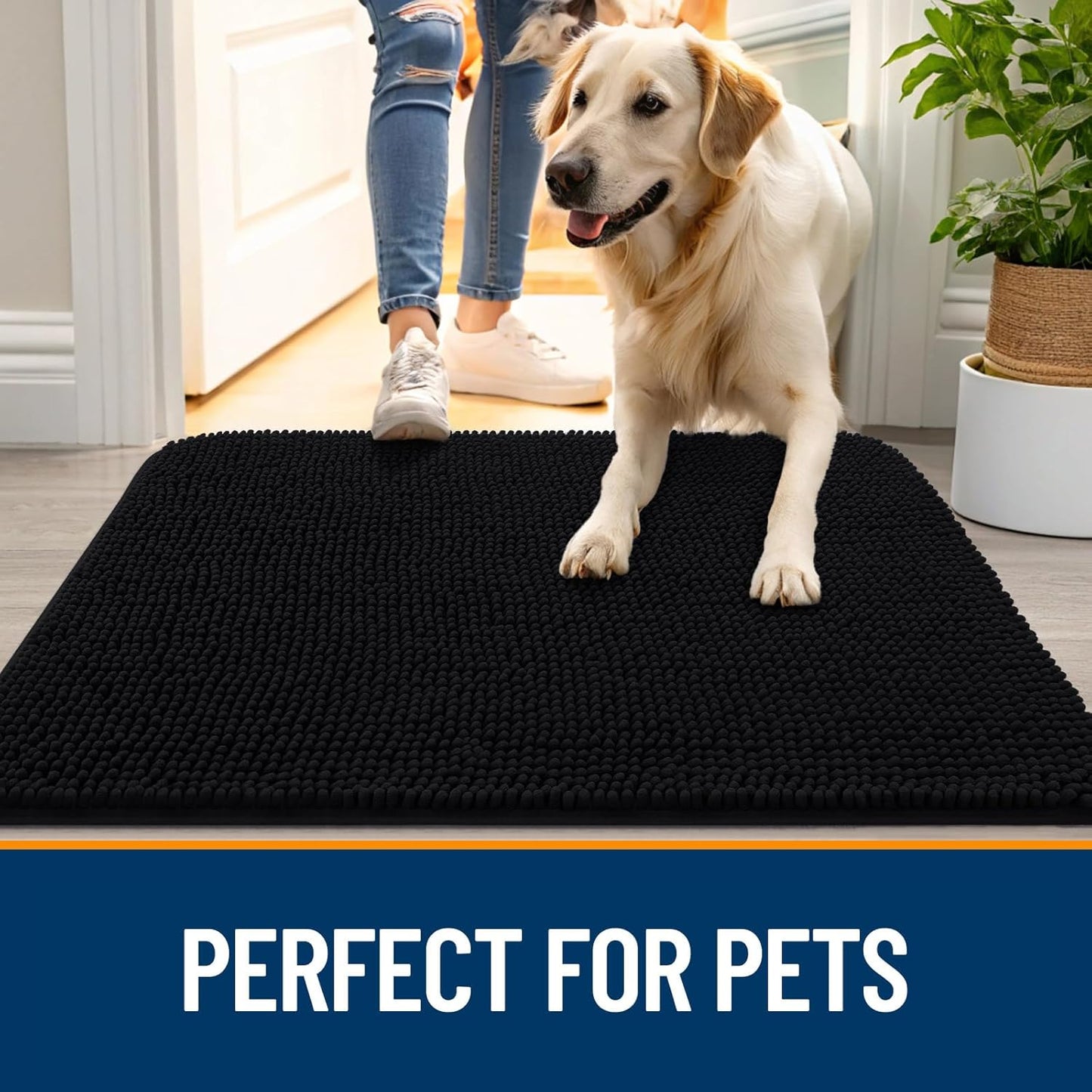 OLANLY Dog Door Mat for Muddy Paws 70x24, Absorbs Moisture and Dirt, Absorbent Non-Slip Washable Doormat, Quick Dry Chenille Mud Mat for Dogs, Entry Indoor Entryway Carpet for Inside Floor, Black