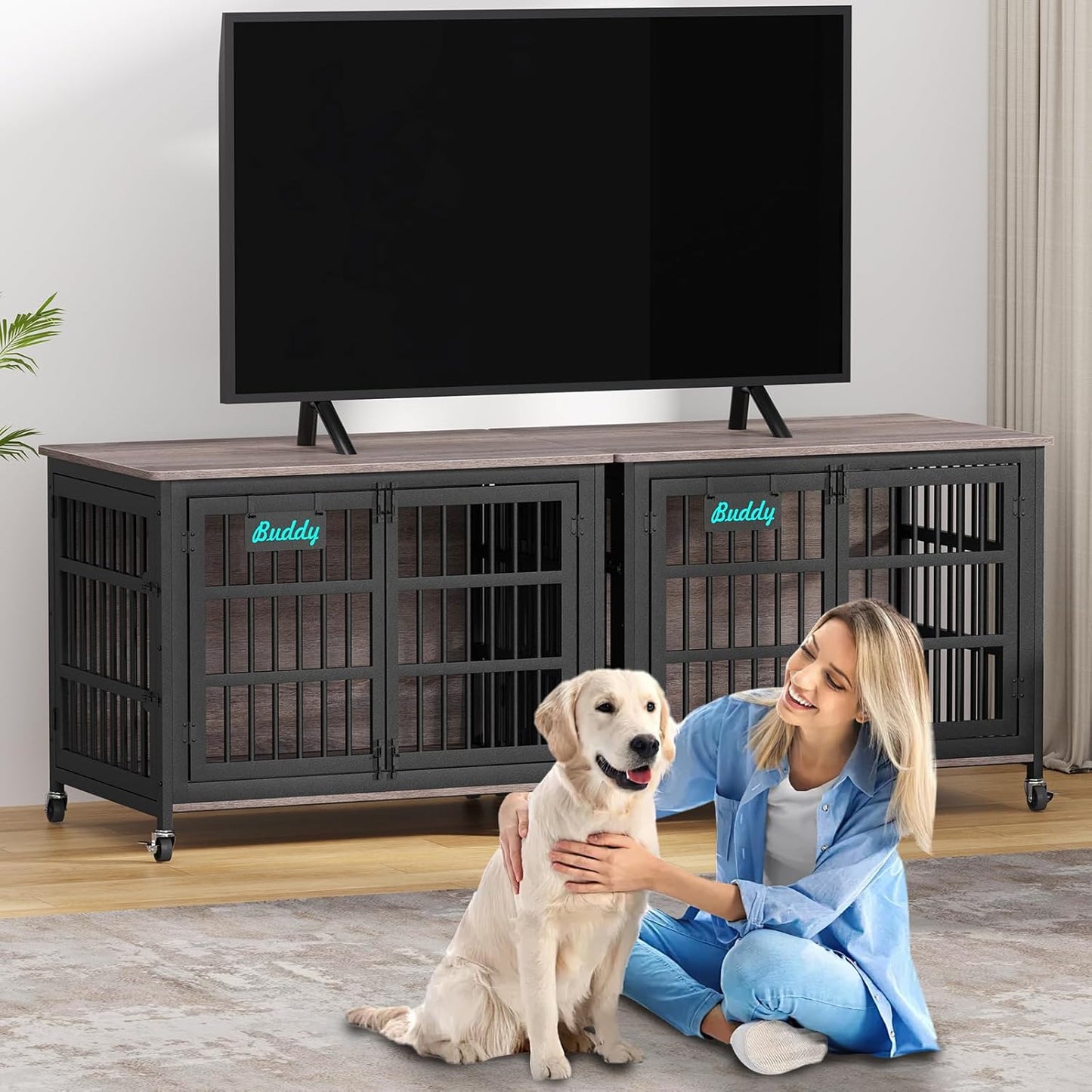 EasyCom 42"/41"/33" XL Dog Crate Furniture with Casters, Heavy Duty Dog Kennel Indoor for Large and Medium Dogs, Double-Doors Sturdy Dog Cage for Anxiety Dog, Decorate House as TV Stand, Bedside Table