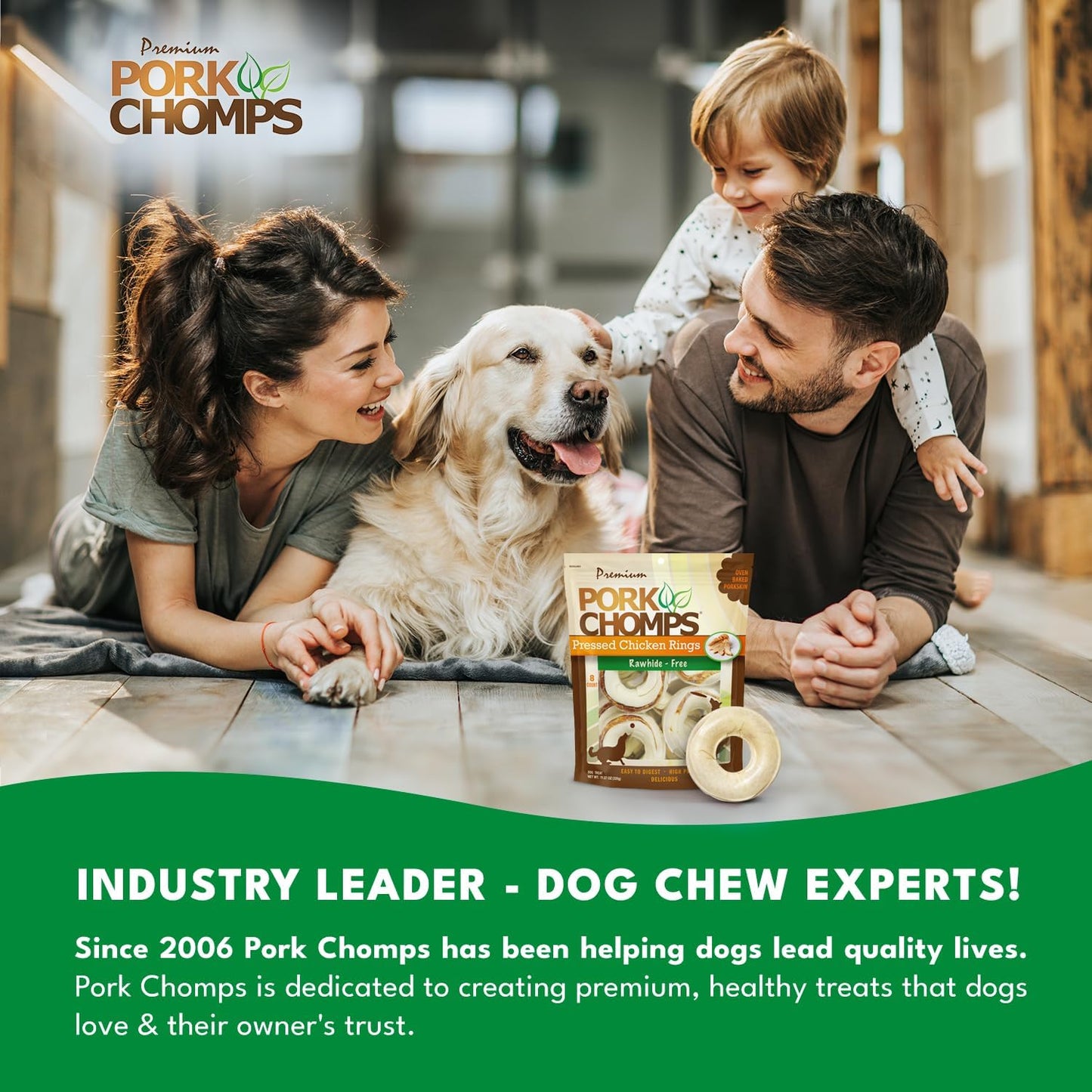 Pork Chomps Pressed Pork Skin Dog Chews, 2.5-inch Rings, Real Chicken, 8 Count (Pack of 2)