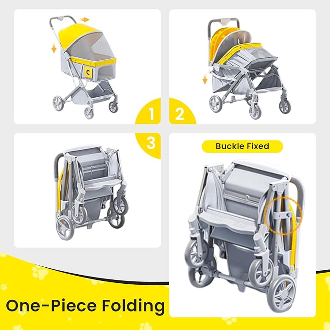 Dog Strollers for Small Medium Dogs 50 lbs,4 Wheels All-Terrain Cat Stroller,One-Click Folding Pet Stroller,Breathable Mesh,Storage Basket(Yellow)