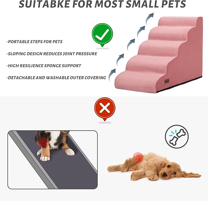 5-Step Pink Dog Stairs for High Bed, Pet Ramp for Small Dogs, Cats | Aodisman Pink Pet Stairs Designed for Small Dogs and Cats, Making It Easier to Get on High Beds with Comfort , 22.4" H
