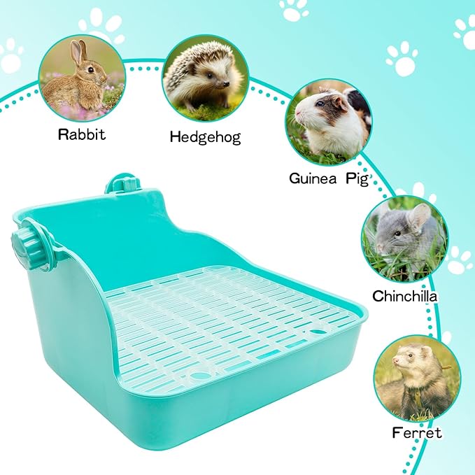 PINVNBY Rabbit Litter Box for Cage Bunny Corner Litter Bedding Box Small Animal Litter Pan Hanging Pet Bowls Cage Potty Trainer Pet Toilet for Rabbit Bunny Guinea Pigs Small Animals(Green)