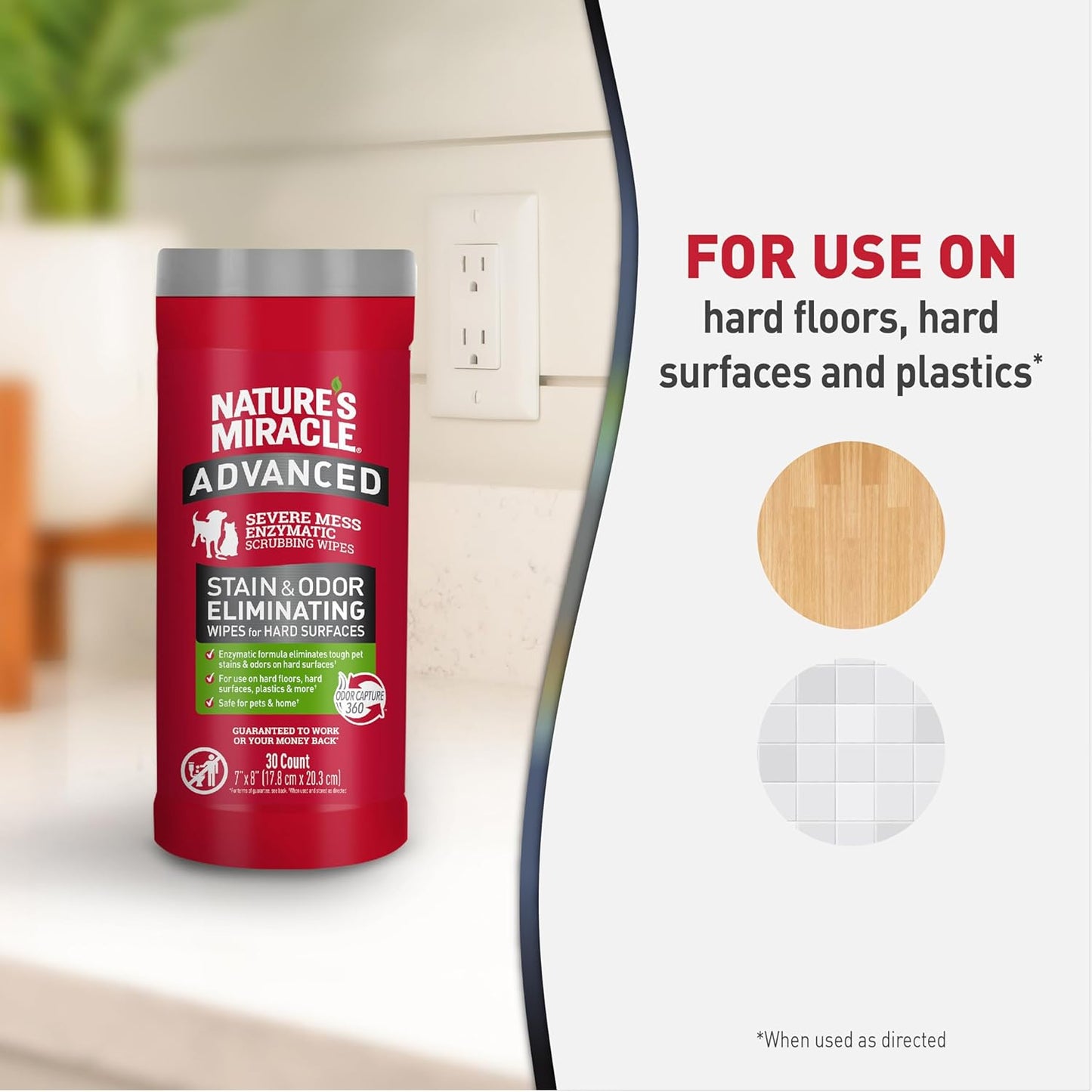 Nature’s Miracle Advanced Stain And Odor Eliminating Wipes for Hard Surfaces, 30 Count, Enzymatic Formula Eliminates Tough Pet Messes