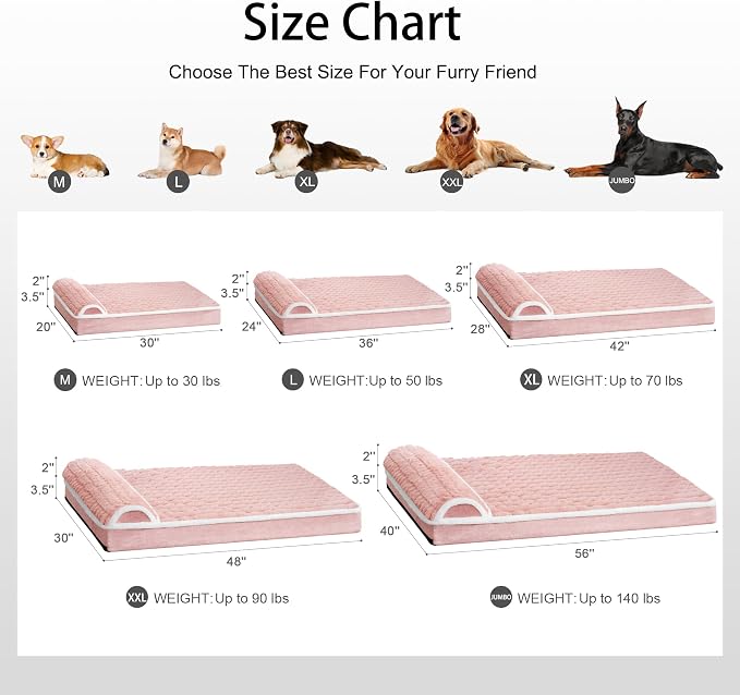 Orthopedic Large Dog Bed Pillow Pet Sofa Bed 56''X40'' Pink | Egg-Crate Foam Pet Couch Large Sized Dog, Waterproof Removable Washable Cover,Furry Puppy Crate Mat With Nonskid Bottom