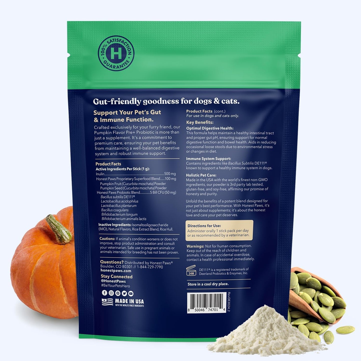 Honest Paws Probiotics for Dogs - Dog Digestion Gut Health Probiotic Powder with Prebiotic Made in The USA, Digestive and Immune Support - Digestive Enzymes with Pumpkin Flavor (30 Sticks)