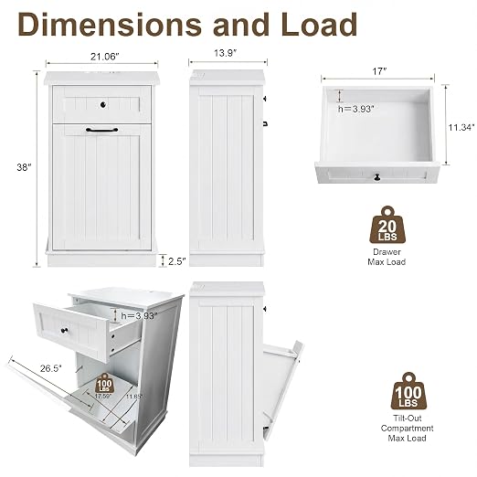 13 Gallon Tilt Out Trash Can Cabinet, Hidden Trash Bin White | Trash Cabinet with Drawer, for Kitchen, Bathroom and Laundry Room
