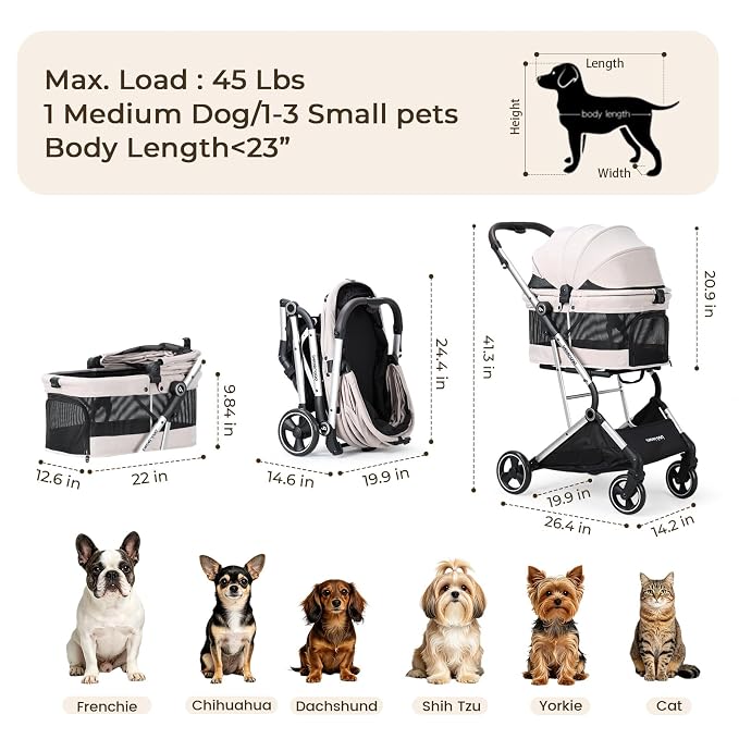 T4 PRO Pet Stroller for Small Medium Dogs, Cat Strollers for 2 Cats, 4 Wheels Folding Pet Stroller for Cats with Pad, Canopy and Cup Holder, Beige