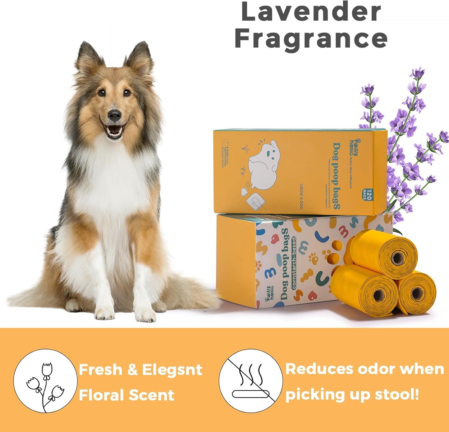 Dog Poop Bags Rolls Cornstarch Based Thickened&100% Leak Proof Dog Waste Bags -120 Count 8 Rolls - Doggie Poop Bag for puppy and Big Dogs(Lavender)