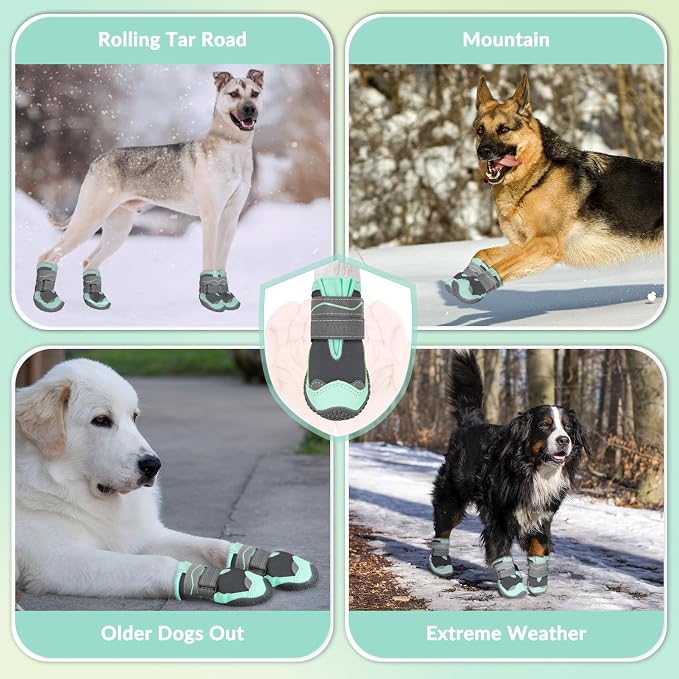 SlowTon Dog Shoes for Large Small Medium Dogs - Waterproof Dog Boots for Summer Hot Pavement, Paw Protector for Outdoor Walking Winter Snow, Anti-Slip Rubber Dog Booties for Hard Floor (Green Gray, 2)