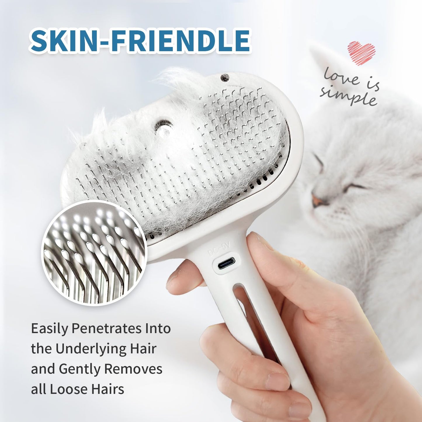 3 In 1 Self Cleaning Steamy Pet Brush - Anti-Static, Grooming Tool for Long and Short Hair Pets, Removes Loose Hair and Reduces Shedding, White