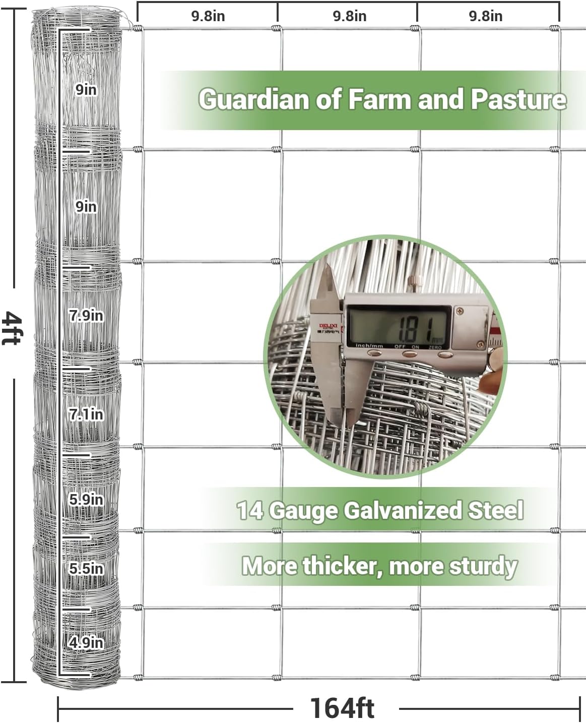 Cattle Farm Fence, 4ft x 164ft Galvanized Wire Fencing for Goat Deer Yard Livestock Animals Protection