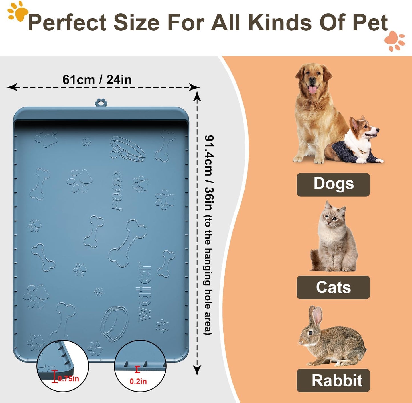 Dog Food Mat - Silicone Dog Mat for Food and Water - 36" x 24" Large Pet Feeding Mats with Residue Collection Pocket - Waterproof Dog Cat Bowl Mat with High Edges to Prevent Water Food Spills